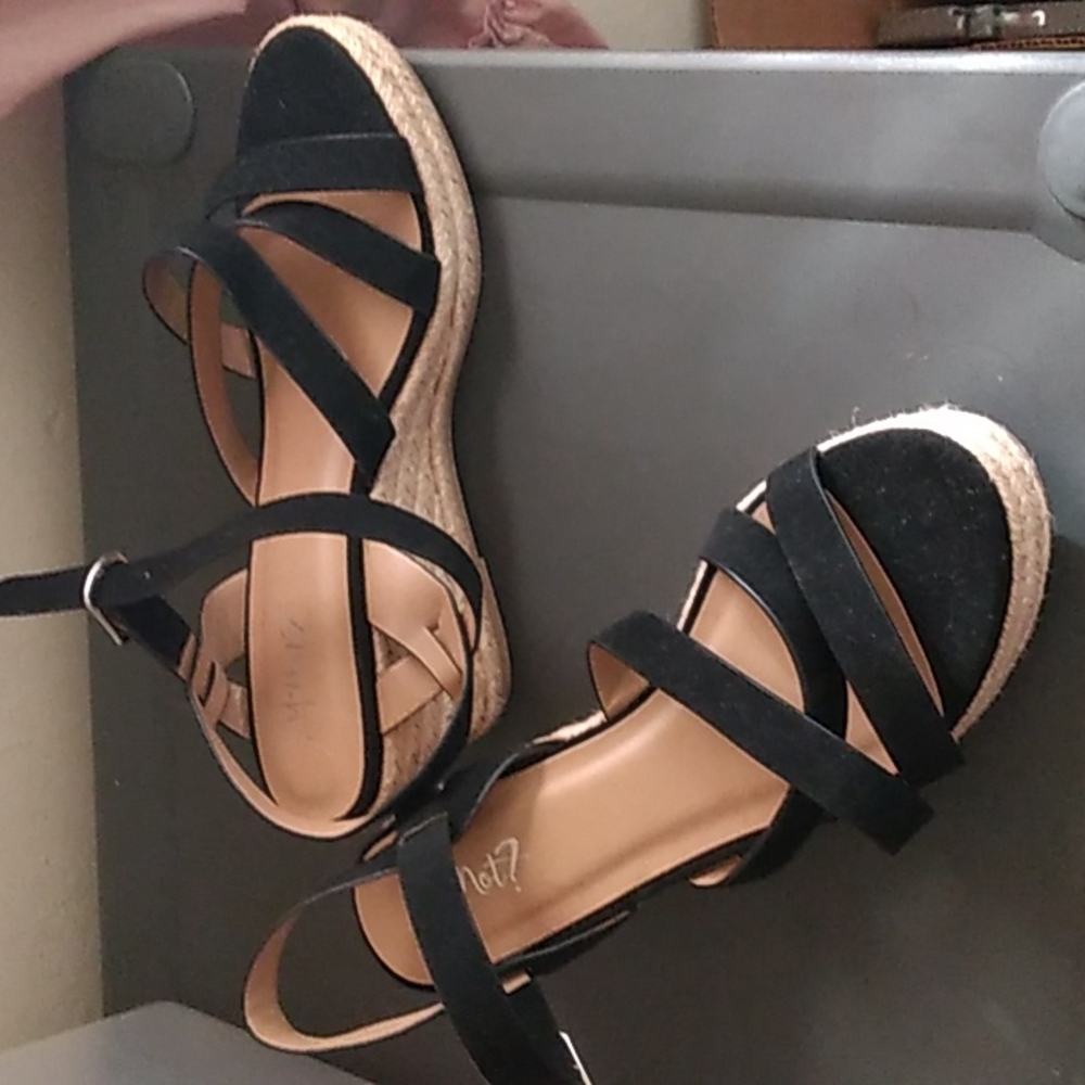Wedge shoes, size 7, black straps,